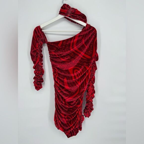 ALIETTE Red Velvet Cold Shoulder Ruched Bodycon‎ Gothic Punk Mini Dress 0 - Picture 8 of 14